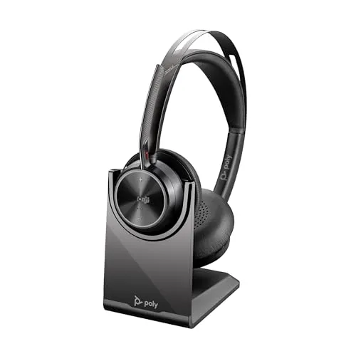 Poly Voyager Focus 2 USB-C Headset für Microsoft Teams, mit USB-C/A Adapter und Ladestation – Bluetooth, ANC, Acoustic Fence Technologie, bis zu 25 Stunden Sprechzeit, Schwarz
