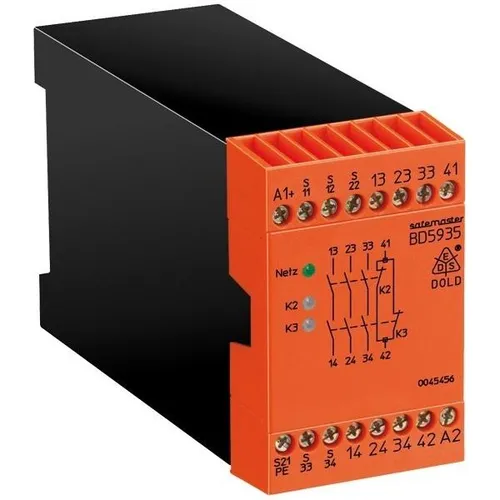 Dold&Söhne Not-Aus-Modul BD5935.48AC50/60230V - Sicherheitsrelais für Not-Aus-Systeme, bietet zuverlässige Sicherheit mit 4 Kontakten und ist ideal für die Tragschienenmontage bei 230V AC.