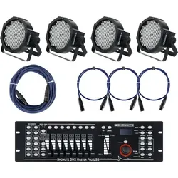 Showlite FLP-144 Scheinwerfer Set mit Master Pro USB - Komplettes Lichtset mit 4 x FLP-144 LED Scheinwerfer und DMX Controller, ideal für professionelle Lichtinstallationen und Events.