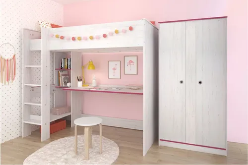 Parisot Jugendzimmer-Set Smoozy, 2-tlg. Hochbett mit Schreibtisch und Kleiderschrank - Jugendzimmer-Set mit Funktionshochbett, integriertem Schreibtisch und Kleiderschrank in Weiß mit Kieferstruktur – ideal für platzsparendes Wohnen und kreative Gestaltungsmöglichkeiten.