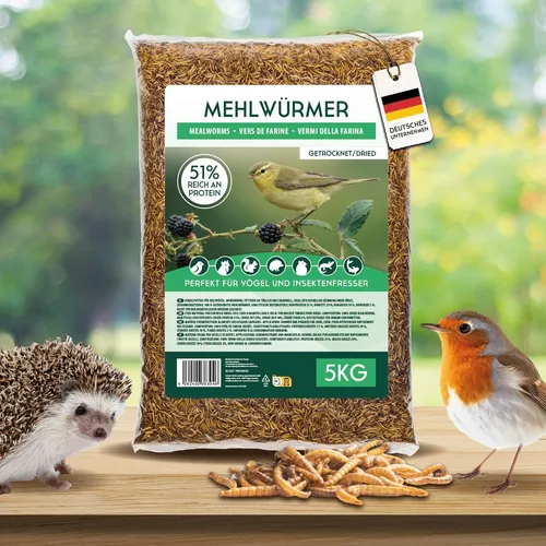 5kg /28L Mehlwürmer getrocknet – Insektensnack Vögel Nager, Koi, (7,40 EUR/kg)