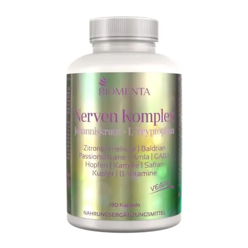 BIOMENTA Nerven Komplex mit L-Tryptophan, Zitronenmelisse, Baldrian, Passionsblume, Hopfen, GABA, Amla, Kamille, Safran, Vitaminen und Mineralstoffen – 180 vegane Kapseln - Premiumqualität