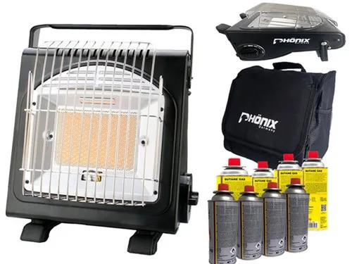 Phönix Germany Gaskocher PH-100 - 2 in 1 Heizung & Kocher mit 1,7 KW Heizstrahler, ideal für Camping und Outdoor-Aktivitäten, inklusive 8 Kartuschen für sofortige Nutzung.