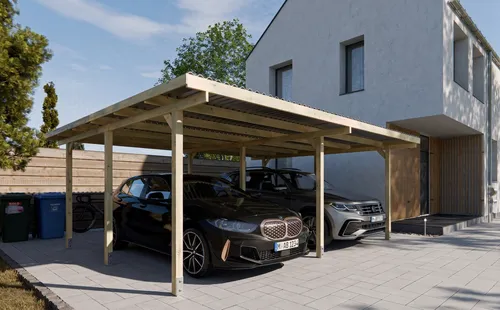 Holz-Doppelcarport EcoShield 595 x 495 cm aus Fichte - Schütze dein Auto effektiv vor Witterungseinflüssen mit diesem stabilen Doppelcarport aus hochwertigem Fichtenholz. Mit einer Größe von 495 x 595 cm bietet er viel Platz und überzeugt durch Langlebigkeit und einfache Verarbeitung.