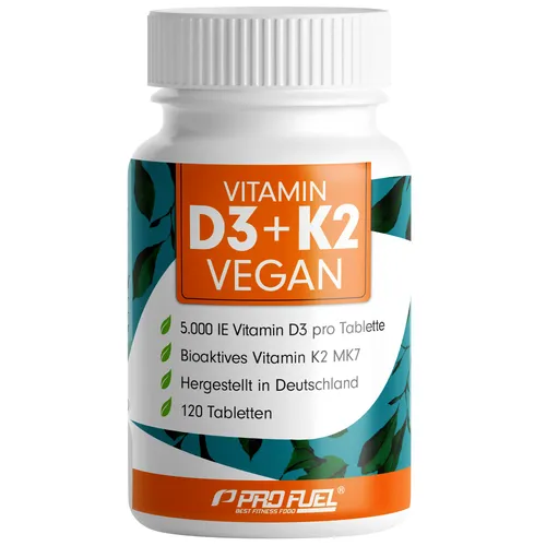 Vitamin D3 K2 VEGAN - Hochdosierte 120 Tabletten mit 5000 IE D3 - Vitamin K Präparate mit hochwertigem, veganem Vitamin D3 aus Flechten und K2 MK7 für gesunde Knochen. Made in Germany, reicht für 19 Monate!