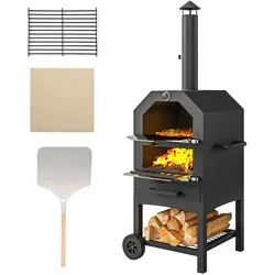 Outsunny 2-In-1 Pizzaofen Outdoor mit Rollen - Grills und Pizzaofen in einem! Mit praktischen Grillnetzen und Pizzastein, ideal für BBQ und Pizza im Freien. Robuste Bauweise und leicht zu bewegen.