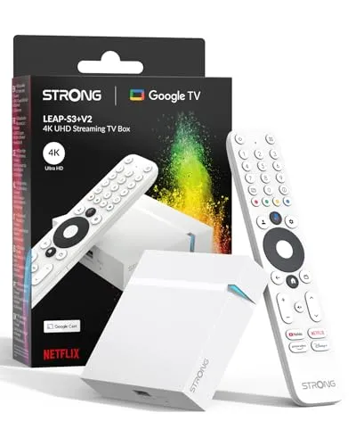 Strong LEAP-S3+ V2 - White: Kompakte Smart-Google-TV-Box - Streamingeinheit mit 4K-UHD, Dolby Vision-Atmos und Google Assistant für ein erstklassiges TV-Erlebnis. Greifen Sie auf Netflix, YouTube und mehr zu!