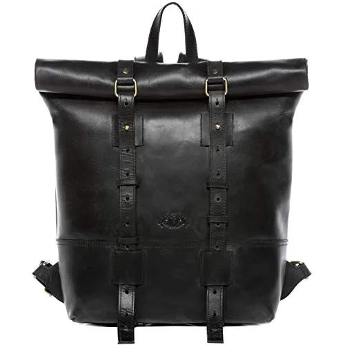 SID & VAIN Rolltop Rucksack aus echtem Leder - 15,4 Zoll Laptop-Fach - Vielseitiger Rolltop-Rucksack mit gepolstertem Laptopfach (40 x 44 x 12 cm), ideal für Uni und Freizeit. Hergestellt aus wasserabweisendem Büffelleder im Vintage-Look, vereint Funktionalität und Stil.