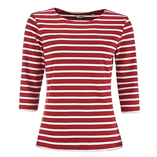 modAS Bretonisches Damenshirt mit 3/4-Arm - Streifenshirt in Rotmelange/Weiß, Größe 40 - Klassisches Bretonisches Damenshirt im maritimen Stil mit 3/4-Arm. Aus 100% elastischer Baumwolle für höchsten Komfort. Ideal für jeden Anlass und vielseitig kombinierbar.