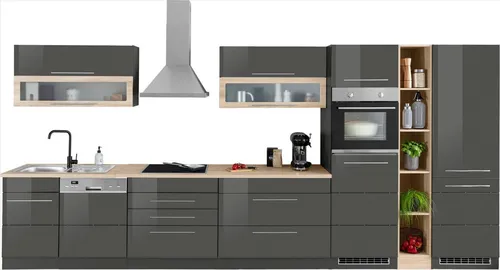 Küchenzeile KOCHSTATION "KS-Wien", grau - Komplettküche in grau Hochglanz mit eichefarbener Arbeitsplatte, flexibel aufstellbar und ideal für moderne Küchenräume. Breite 440 cm, inkl. Edelstahl-Auflagespüle.