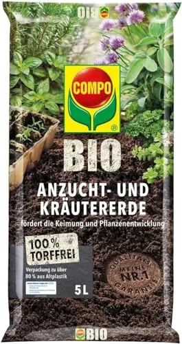 Compo Bio Blumenerde für Anzucht und Kräuter, 5 Liter - Gebrauchsfertige, torffreie Blumenerde mit Startdüngung für bis zu 6 Wochen. Ideal für Jungpflanzen und Kräuter, sorgt für sicheres Keimen und kräftiges Wachstum.