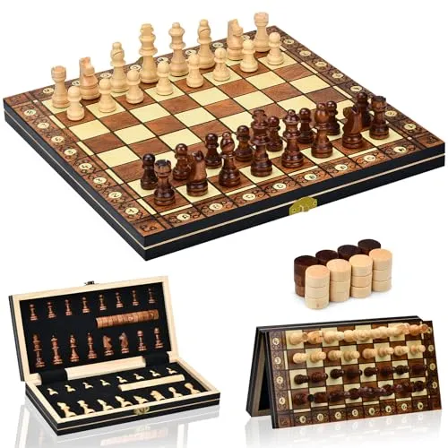 Aissom HolzSchachbrett 2 in 1 - Klappbar & Magnetisch für Schach und Backgammon - Erleben Sie mit dem klappbaren Holzschachbrett zwei Spiele in einem! Ideal für drinnen und draußen, fördert es die Kreativität und das strategische Denken bei Kindern und Erwachsenen. Mit praktischem Stauraum für die Figuren.