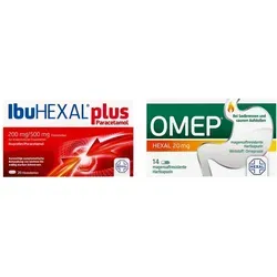 IbuHEXAL Plus Paracetamol Fta 20 stk + Omep HEXAL 20mg 14 stk - Arzneimittel zur akuten Linderung von Schmerzen mit 4-fach Effekt: schnell, stark, langanhaltend und gut verträglich dank der Kombination von Ibuprofen und Paracetamol.