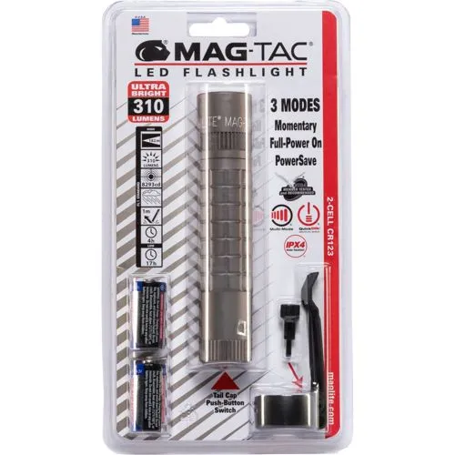 Maglite Mag-Tac Taschenlampe grau - Technik: Robuste LED-Taschenlampe mit 310 Lumen Helligkeit, verschiedenen Modi und IPX4 Spritzwasserschutz – ideal für Outdoor-Abenteuer und Notfälle.