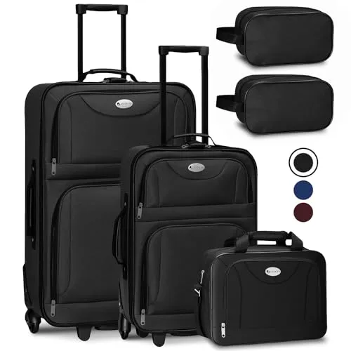 Juskys Trolleyset Athen, 5-teilig, Schwarz - Koffer-Set mit 2 Trolleys, 1 Umhängetasche und 2 Kosmetiktaschen, ideal für Reisen, mit modernem Design und praktischen Netztaschen für optimale Organisation.