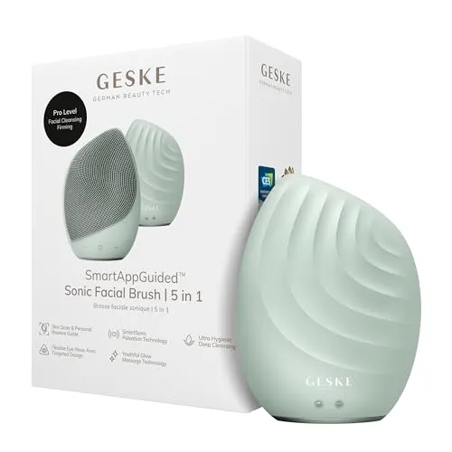 GESKE SmartAppGuided™ Sonic Facial Brush 5 in 1 - Elektrische Gesichtsreinigungsbürste mit Silikonbürste und Massagefunktion für strahlende Haut. Inklusive GESKE App für individuelle Skincare Routinen.