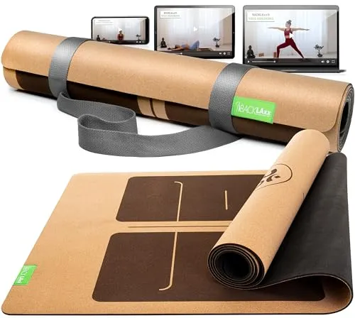 BACKLAXX ® Yogamatte Kork mit Naturkautschuk - FAZ Testsieger 04/2025 - Sportmatte mit optimalem Grip durch Anti-Rutsch-Zonen, nachhaltig aus 100% natürlichem Kork und Naturkautschuk, inklusive Tragegurt und Zugang zu exklusiven Yogaflows.
