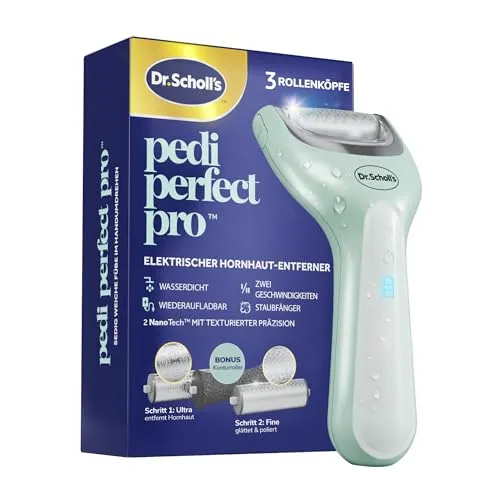 Dr. Scholl’s Pedi Perfect Pro – Elektrischer Fußhornhautentferner mit 3 Rollenköpfen - Erleben Sie seidig weiche Füße mit dem elektrischen Hornhautentferner von Dr. Scholl. Ideal für die Trocken- und Nassanwendung, entfernt er mühelos Hornhaut und sorgt für ein angenehmes Hautgefühl. Wiederaufladbar mit 90 Minuten Laufzeit.