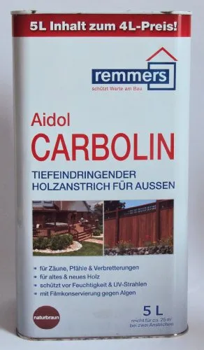 Remmers Aidol Carbolin Holzschutzlasur 5L - Naturbraun - Lacke mit teerölfreiem Anstrichmittel auf Basis natürlicher Rohstoffe, witterungsbeständig und UV-resistent, schützt zuverlässig vor Algen und Schimmel.