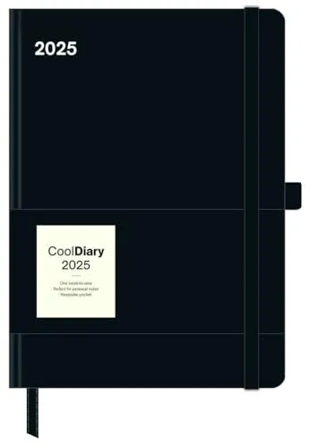 N NEUMANNVERLAGE - Black 2025 Cool Diary, 16x22cm, Taschenkalender mit Banderole und Lesebändchen, Tasche für Visitenkarte, Jahres- und Monatsübersicht
