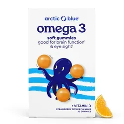 Arctic Blue Omega-3 Gummibärchen - Fischöl mit Vitamin D - Nahrungsergänzungsmittel mit 30 Portionen, 250 mg DHA und 70 mg EPA pro Portion, aus MSC-zertifiziertem Kabeljau, leckerer Erdbeere-Zitrusgeschmack ohne fischigen Nachgeschmack.