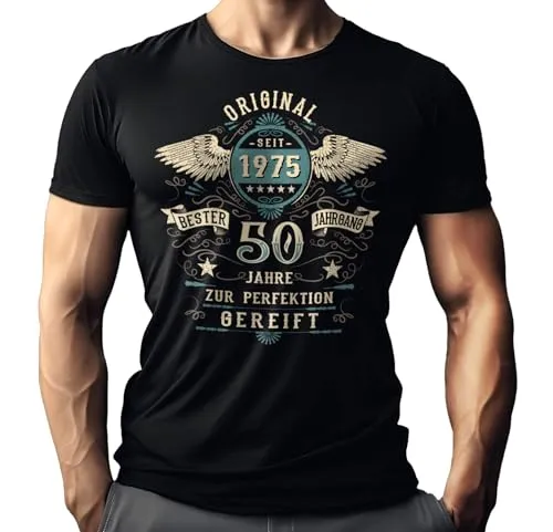Herren T-Shirt zum 50. Geburtstag: Original seit 1975 - T-Shirts für Herren, perfekt als Geschenk für Männer zum 50. Geburtstag, mit waschbeständigem Siebdruck und ÖKO-TEX100 Standard, in hochwertiger Qualität bedruckt in Deutschland.