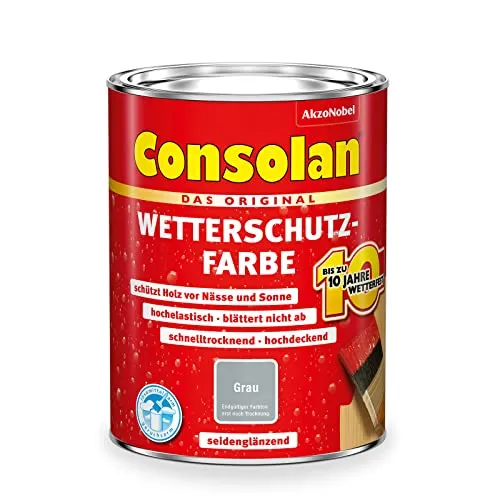 Consolan Wetterschutzfarbe Grau Nr. 206, 750 ml - Hochwertige wetterfeste Farbe für Außenanwendungen. Extrem elastisch, blättert nicht ab und sorgt für eine seidenglänzende Oberfläche. Ideal für langlebigen Schutz.