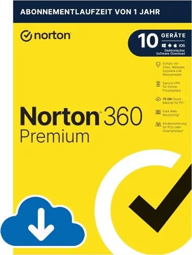 Symantec Norton 360 Premium inkl. 75 GB, 10 Geräte, 1 oder 2 Jahre, Blitzversand