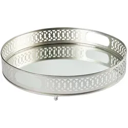 Marrakesch Orient & Mediterran Interior Spiegeltablett Nikita Silber - Elegantes rundes Deko Tablett aus Handarbeit mit Spiegelglas in Silber, ideal für stilvolle Servierung und Dekoration.