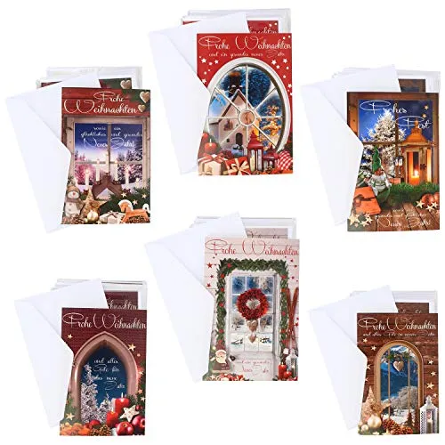 com-four® 100x Grußkarte für Weihnachten - Festtagskarten mit 6 weihnachtlichen Motiven - festliche Klapp-Karten mit Briefumschlägen - Weihnachtskarten - Festgruß (100 Stück - Fenster)