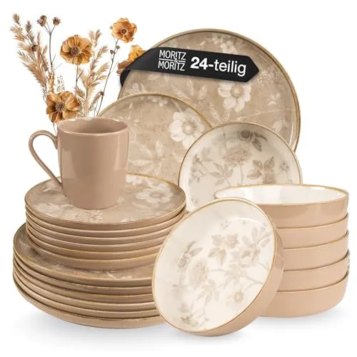 Moritz & Moritz MARIELLA Steingut Geschirrset für 6 Personen - 24-teiliges modernes Tafelservice in Beige - Tafelservice für 6 Personen, stilvolles und pflegeleichtes Geschirrset aus hochwertigem Steinzeug - ideal für jeden Anlass, spülmaschinenfest und mikrowellengeeignet.