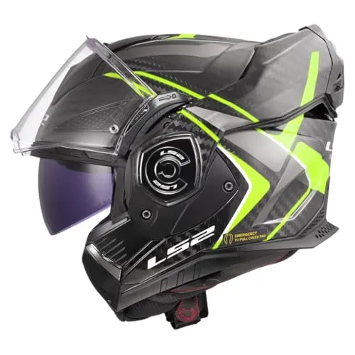 LS2 ADVANT X CARBON FUTURE II Gloss H-V Yellow - Modularer Motorradhelm - Modularer Motorradhelm mit mehreren Lagen Kohlefaser für optimale Stoßdämpfung. Mit Auto-Up- und Auto-Down-System für schnellen Wechsel zwischen Vollgesicht und Jet.