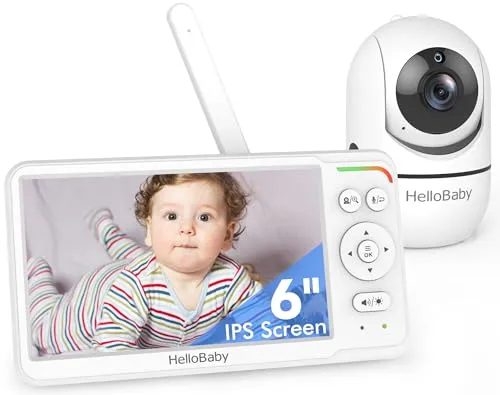 HelloBaby 6 Zoll Baby Monitor mit Kamera, 4000mAh Akku Babyfone, Kabelgebundene Kamera, 355°/120° Schwenk & Neige, Nachtsicht, Kein APP, Temperaturalarm & Schlaflieder, ECO, Kein WLAN