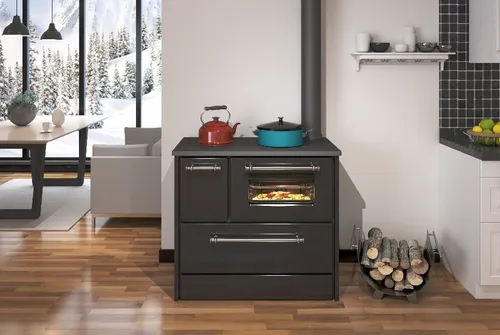 ECOfoxx Festbrennstoffherd EEK A 701 schwarz - Küchenofen mit 9,18 kW Nennwärmeleistung, effizienter Holzbetrieb und hoher Wirkungsgrad von 79,82%. Ideal für gemütliche Wärme in Ihrer Küche.