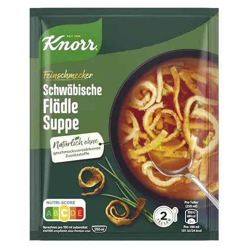 Knorr Feinschmecker Schwäbische Flädle Suppe - Genießen Sie die Knorr Feinschmecker Schwäbische Flädle Suppe – eine herzhafte, schnell zubereitete Suppe mit aromatischen Kräutern und Gewürzen. Ideal für 2 Teller, ohne geschmacksverstärkende Zusatzstoffe.