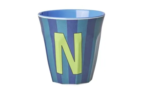 Rice Melamin Becher medium gestreift mit Buchstaben, Modell für Jungen blau/grün/mint- Töne, Größe 9 x 9 cm (N Junge)