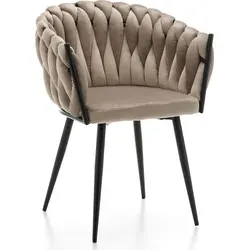 NEW HOME Premium Stuhl LATINA - Dunkelbeige, gepolsterter Esszimmerstuhl mit geflochtener Rückenlehne - Esszimmerstühle mit modernem Glamour-Design. Der LATINA Stuhl bietet Komfort durch Samtpolsterung und handgeflochtene Rückenlehne, ideal für jedes Interieur.