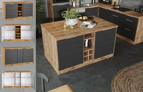 Kücheninsel KOCHSTATION "KS-Luhe" – 153 cm mit Flaschenregal - Einbauküchen-Komponenten: Stylische Kücheninsel in grau mit wotaneichefarbenem Korpus und 38mm starker Arbeitsplatte. Ideal für kreative Kochmomente und als Lebensmittelpunkt in Ihrer Küche.