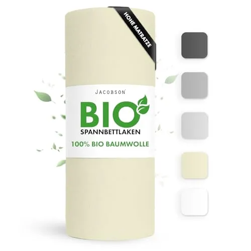 Jacobson Bio Spannbettlaken BOXSPRING 160x200cm - Perfekte Passform für Boxspring-Matratzen bis 35cm Steghöhe. Hergestellt aus 100% organischer Baumwolle, bietet außergewöhnliche Weichheit und ist pflegeleicht. GOTS-zertifiziert für umweltfreundliche Qualität.