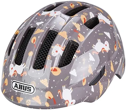 ABUS Kinderhelm Smiley 3.0 - Grau mit Pferde-Muster, Größe S - Fahrradhelm für Kinder mit tiefer Passform, idealer Schutz für Nacken und Schläfen, Platz für Zopf und gute Belüftung für angenehmes Tragegefühl.