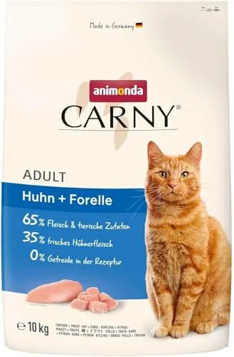 Animonda Cat Trocken Carny Adult Huhn & Forelle 10kg - Hochwertiges Katzenfutter mit 65 % Fleisch und 35 % frischem Hühnerfleisch, ohne Getreide, ideal für sensible Katzen. Enthält wertvolle Omega-3-Fettsäuren für eine gesunde Ernährung.