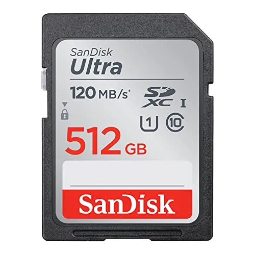 SanDisk Ultra SDXC UHS-I 512 GB Speicherkarte - Speicherkarten für Kompaktkameras, ideal für Full-HD-Videos mit 120 MB/s Übertragungsgeschwindigkeit und robusten Eigenschaften: wasserdicht, temperaturbeständig und stoßfest.