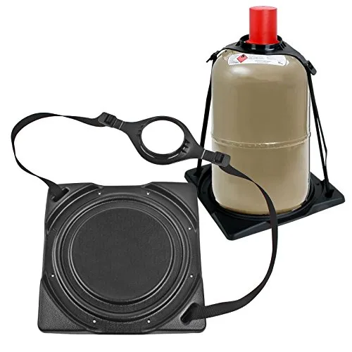 Froli Gasflaschenhalter schwarz für 5 oder 11 Kg Flaschen - Heizung & Klimatechnik für Wohnmobile - Sicherer Halt für Ihre Gasflasche im Gaskasten, einfache Montage ohne seitliche Fixierung und mit verstellbarem Halteriemen.
