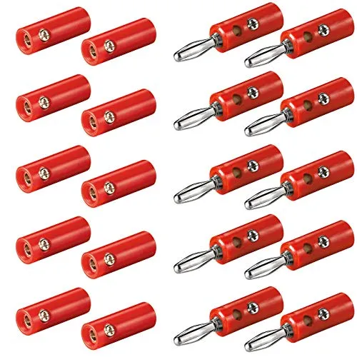 10x Bananenstecker Buchse Set | 4mm | Stecker und Buchse | mit Schraubverschluss | für Lautsprecherkabel AV-Receiver Verstärker | Bananas Banana Lautsprecher Boxen Audio HiFi Kabel | Rot | 10 Stück