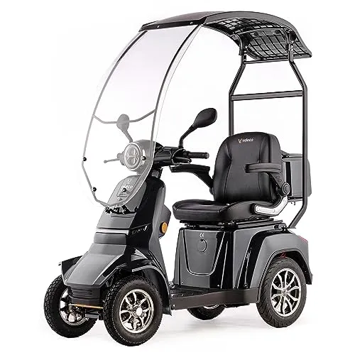 VELECO GRAVIS - 4-Rad-Mobilitätsroller mit Dach - Auto-Getränkehalter und Mobilitätsroller in Grau, komplett montiert, sicher und stabil mit voller LED-Beleuchtung und geräumigem Stauraum.