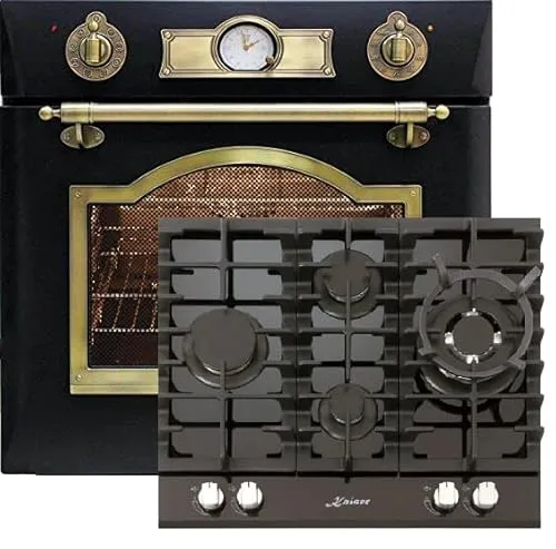 Kaiser Backofenset EH 6355 Em + KCG 6394 Turbo Romb - Retro Einbau Backofen mit 11 Funktionen für kreative Köche und ein elegantes Gas-Kochfeld aus schwarzem Glas, ideal für verschiedene Gastypen.