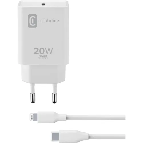 Cellularline USB-C Charger Kit 20W für iPad (2020) - USB Ladegerät mit 20W Leistung, ideal für schnelles Laden Ihres iPads, inklusive USB-C zu Lightning Kabel für sofortige Nutzung.