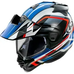 Arai Tour-X5 Discovery Motocross Helm, weiss-rot-blau, Größe XS - Motorradhelm mit superfester Super Fiber Schale, abnehmbaren Schirm und seitlichen Verstärkungen am Kinnriemen für maximalen Schutz und Komfort.