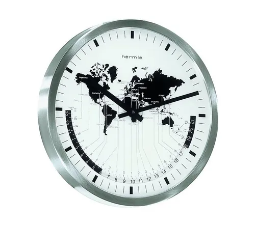 Hermle Wanduhr Weltzeituhr 30504-002100 - Weltzeituhr aus Edelstahl mit weißem Zifferblatt, ideal für stilvolle Wohnräume. Präzise analog Anzeige und elegante mattierte Oberfläche.