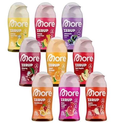 MORE Zerup 9er Bundle, 9 x 65 ml - Zuckerfreier Sirup mit echten Fruchtextrakten - Konzentrate, hochkonzentriert und ergiebig – ein Squeezie ergibt bis zu 8 Liter Fertiggetränk, perfekt für alle, die auf Zucker und Kalorien verzichten möchten.
